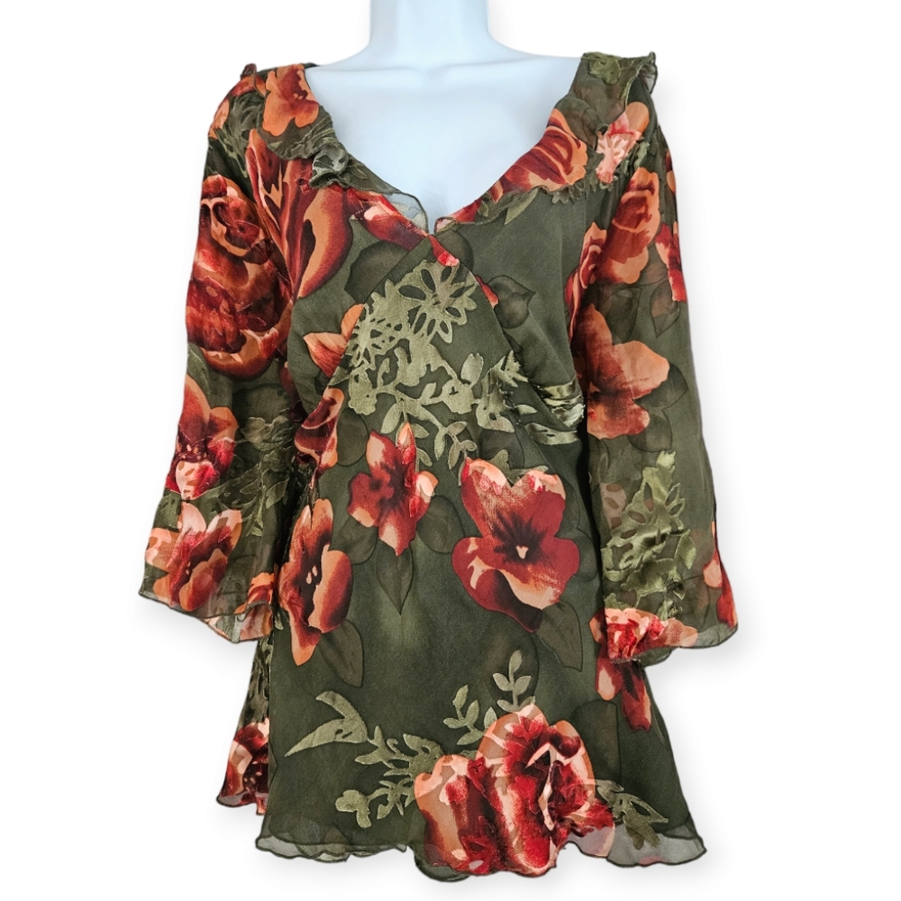NWOT JohnPaulRichard green & orange floral silk blouse top Womens Large